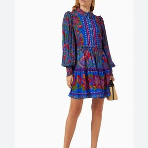 NWT FARM Rio Blue Macaw Flight Long Sleeve Mini Dress